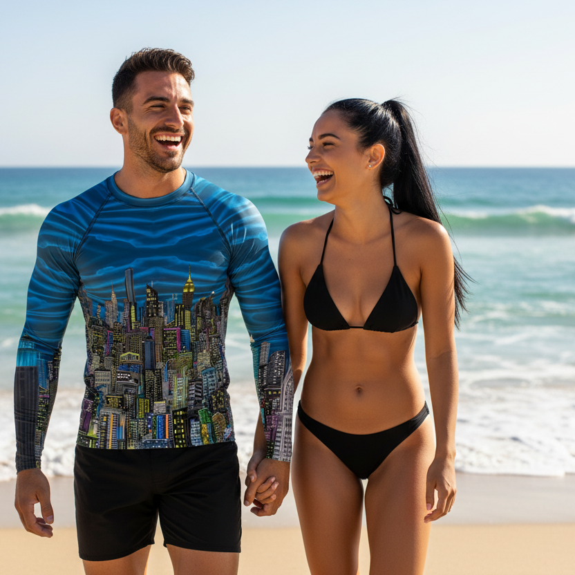 Man wearing blue Loria NYC Art rash guard with woman holding hands on a beach with ocean waves in the background