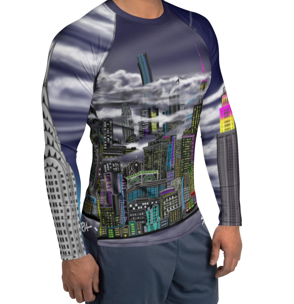 Man wearing long sleeve shirt, Rash Guard with Cavaliere dell'Impero artistic NYC skyline design by S.Loria NYC Art