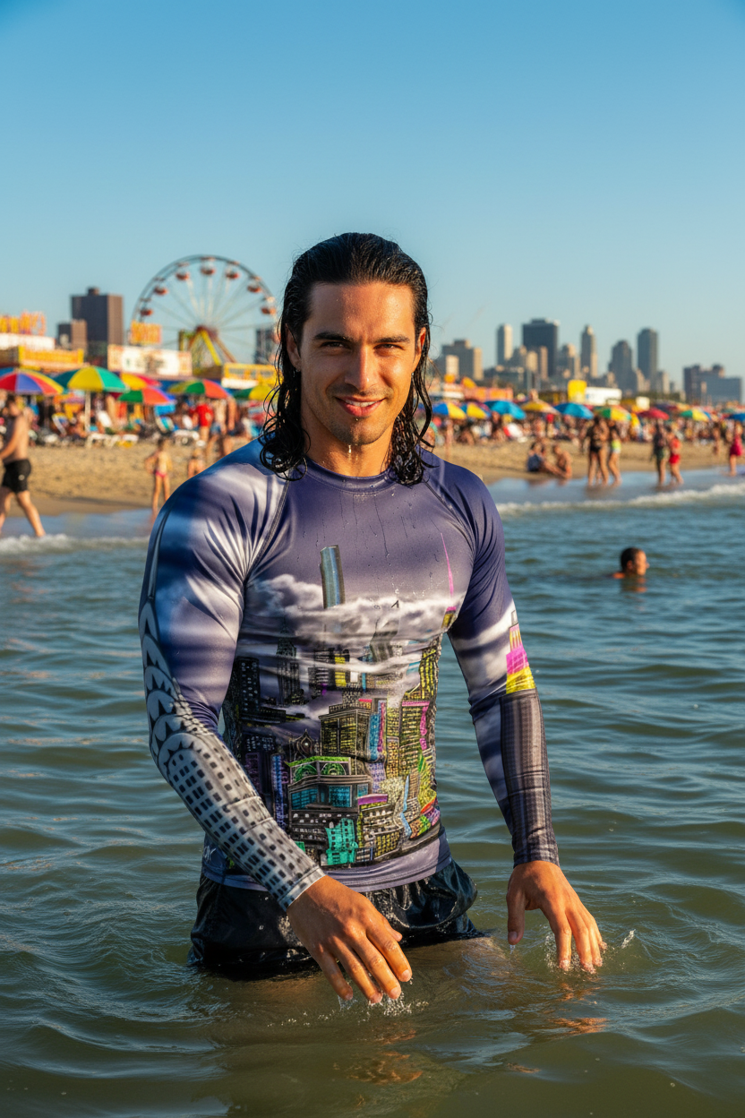 Man in a  a colorful Loria NYC Art rash guard in the sea water
