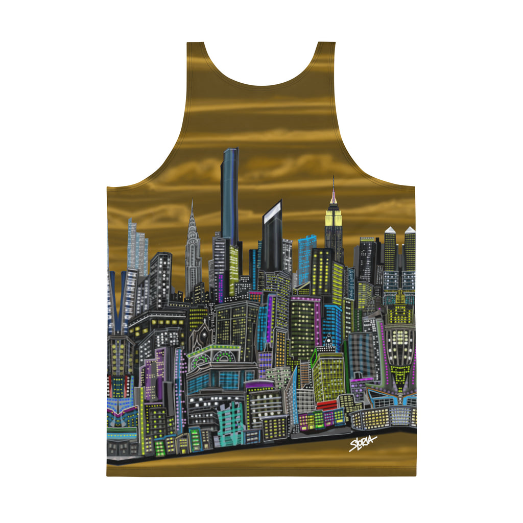 Back of Tank top with a Loria NYC skyline cityscape design on a white background