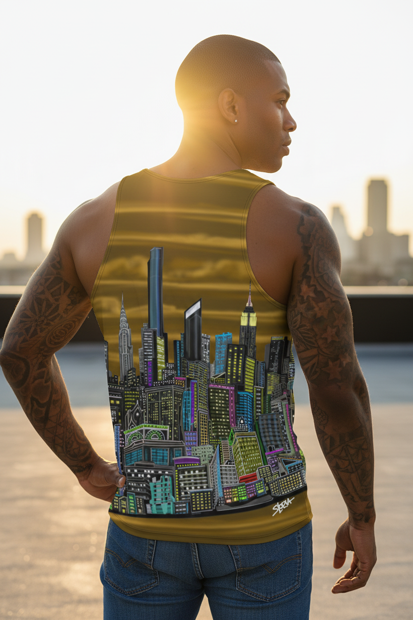 Man wearing a tank top with a Loria NYC skyline cityscape design on roof top background
