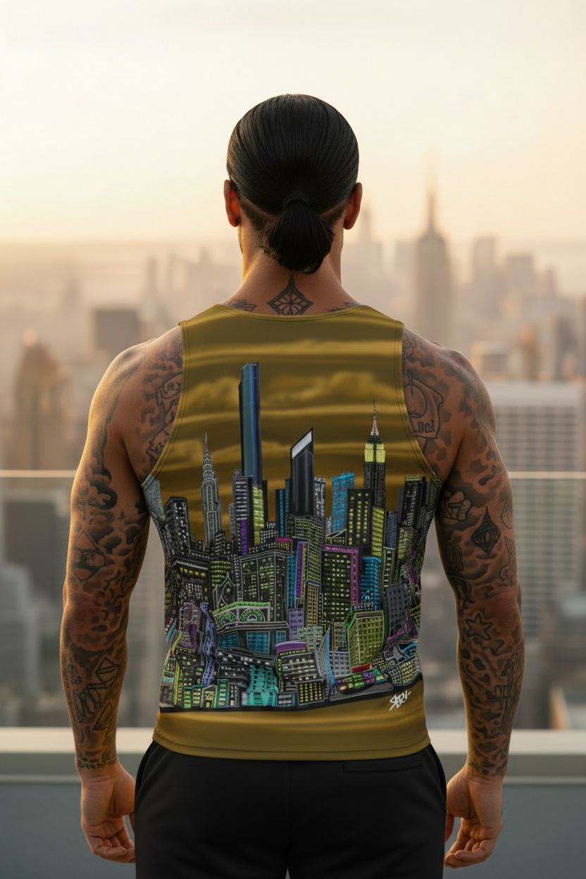 Person wearing a sleeveless shirt with a cityscape Loria NYC Art design, standing against a city skyline.