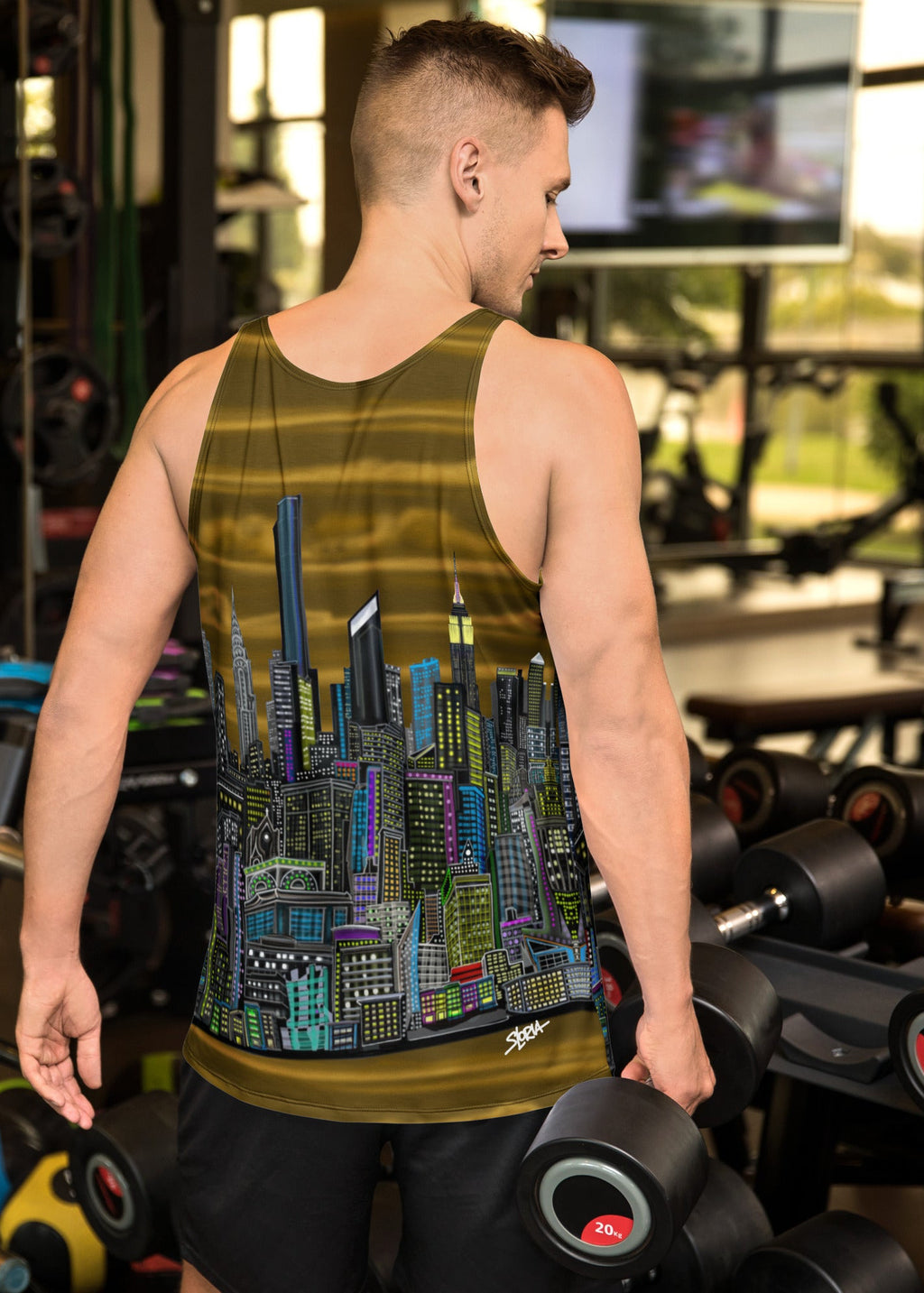 Back of Man wearing a Tank top with a Loria NYC skyline cityscape design in gym