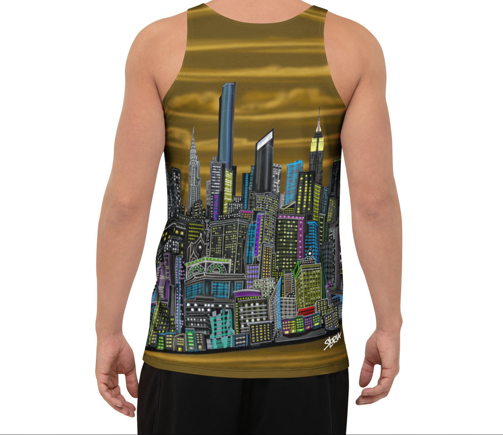 Man wearing a Tank top with a Loria NYC skyline cityscape design on a white background