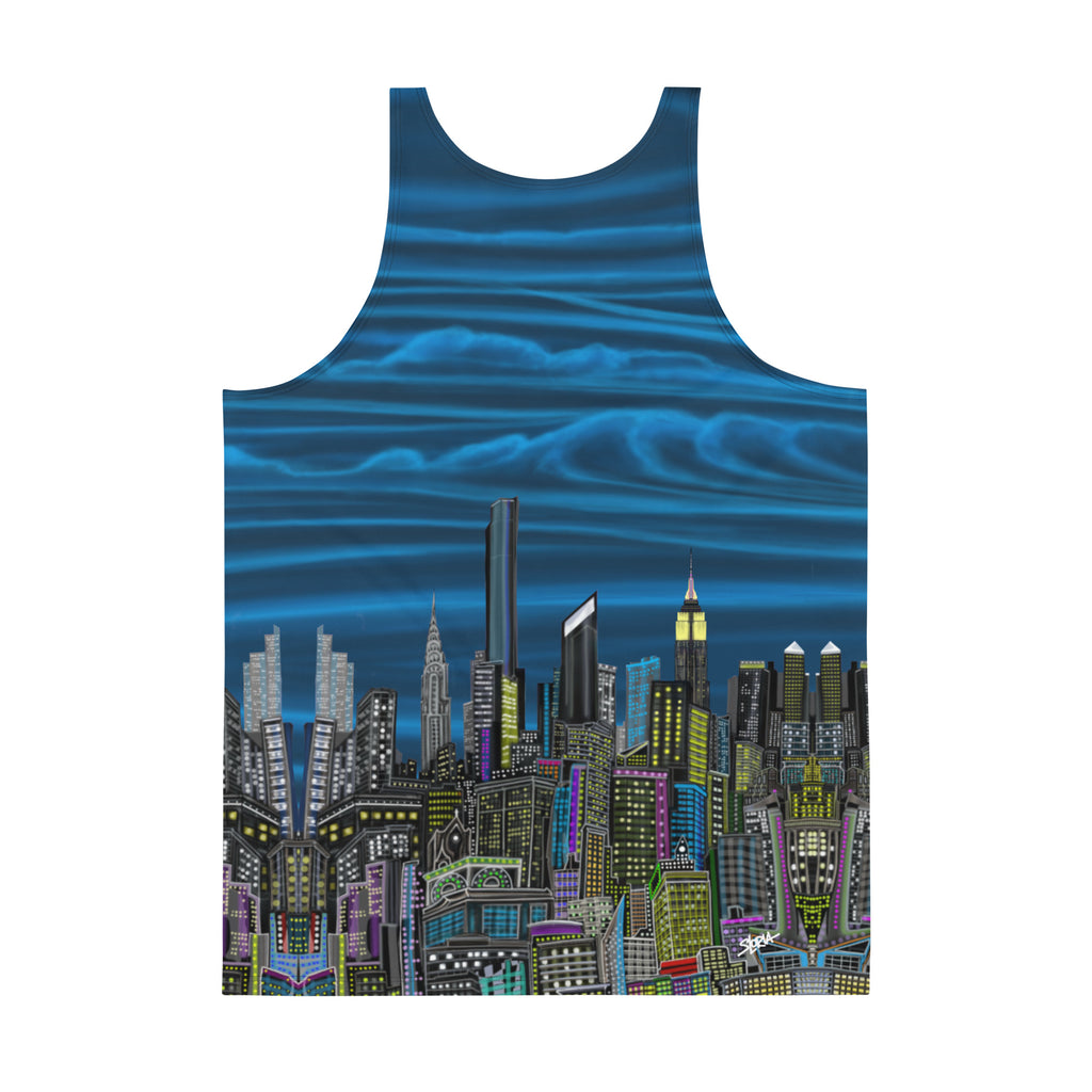 Back of tank top with a Loria NYC Art cityscape design on a white background