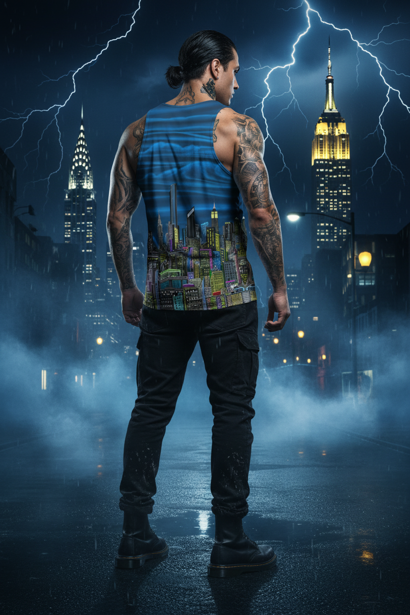 Man wearing a tank top with a Loria NYC Art cityscape design, standing in front of a city skyline with lightning.