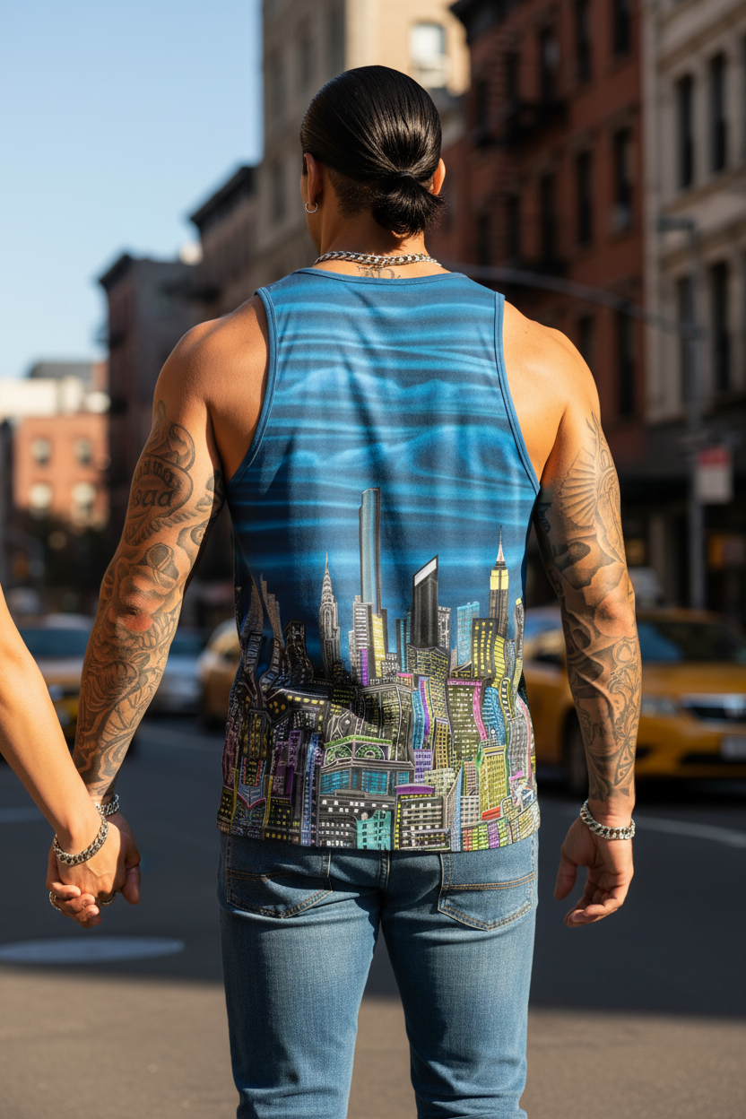 Person wearing a Loria NYC Art tank top with a cityscape design on a city street.