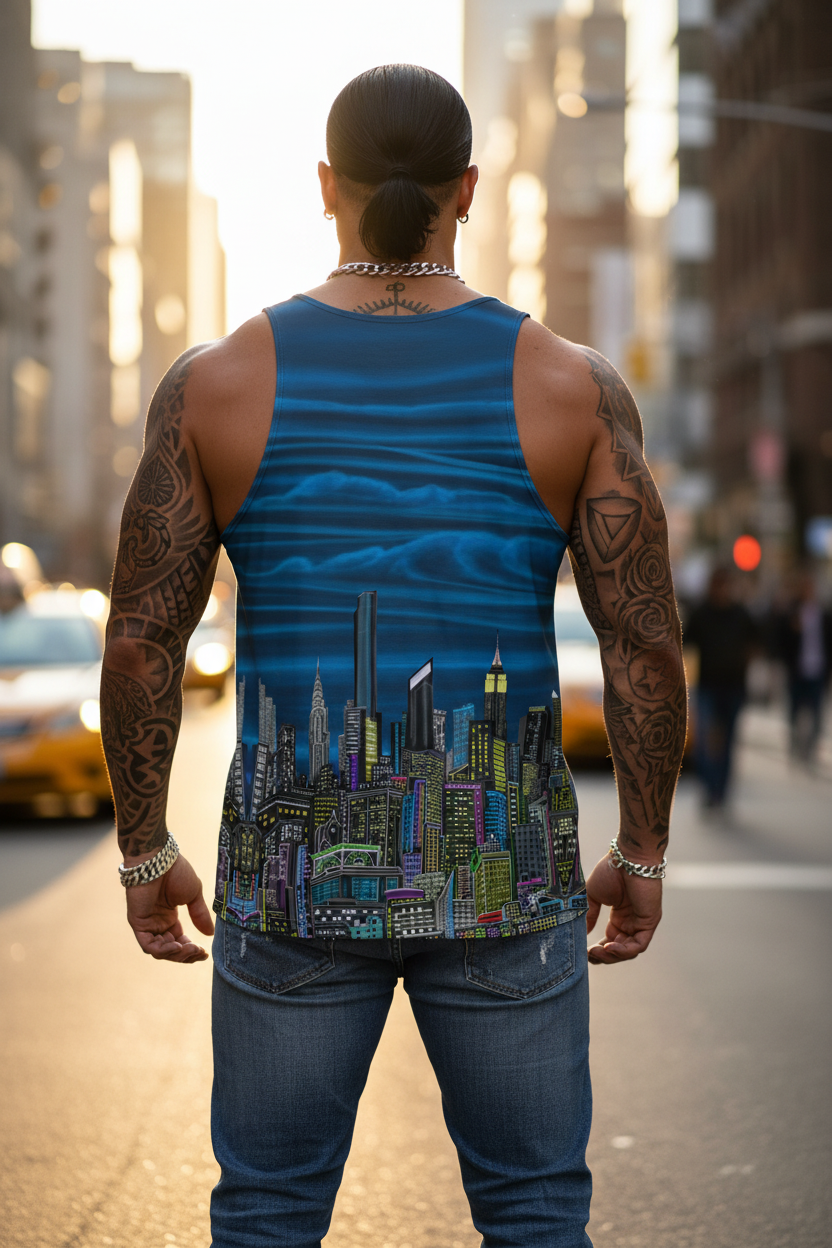 Man wearing a blue Loria NYC Art tank top with a cityscape design on a city street.