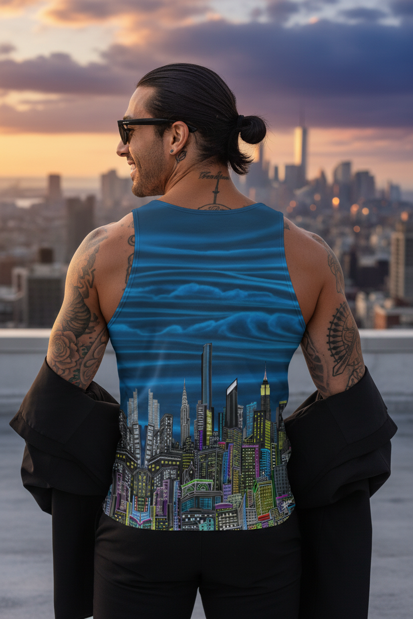 Man wearing a tank top with a cityscape Loria NYC Art design, standing on a rooftop with a city skyline in the background during sunset.