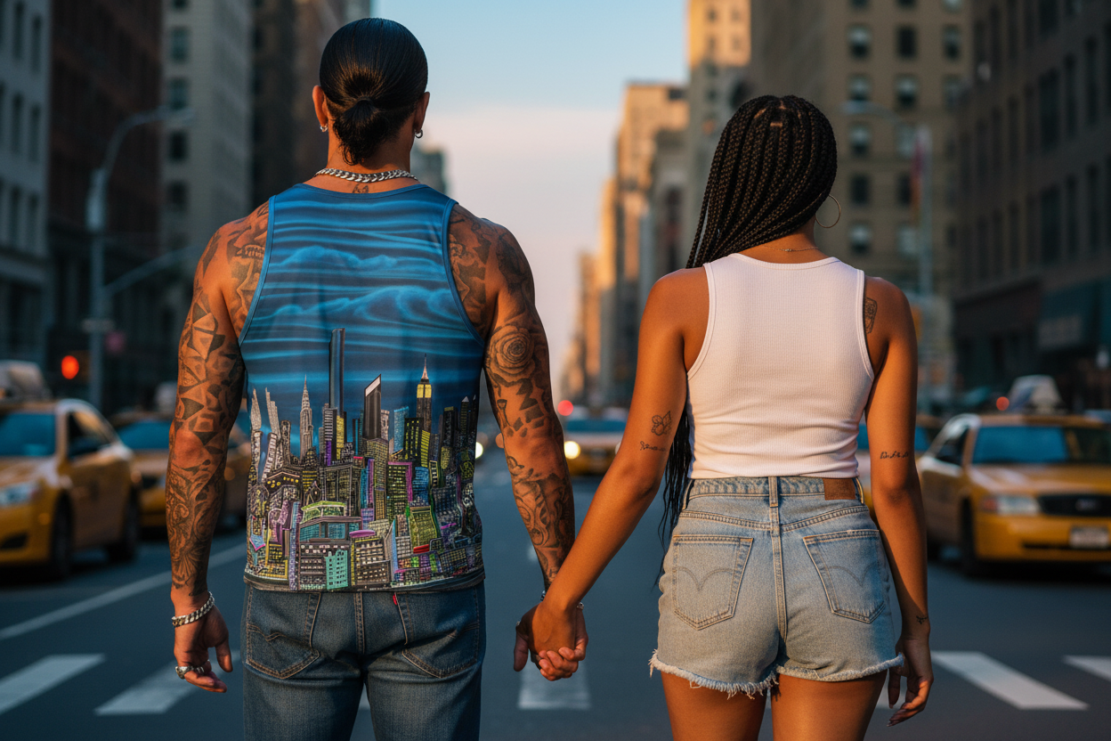 Man wearing Loria NYC Art tank top holding hands on a city street with tall buildings and taxis in the background.