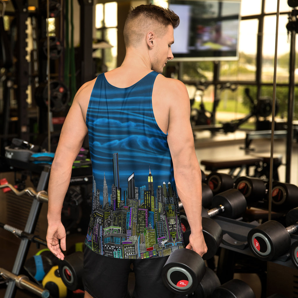 Man wearing a tank top with a cityscape design by Loria NYC Art in a gym setting