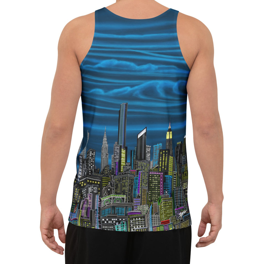 Person wearing a Loria NYC Art tank top with a cityscape design on a white background
