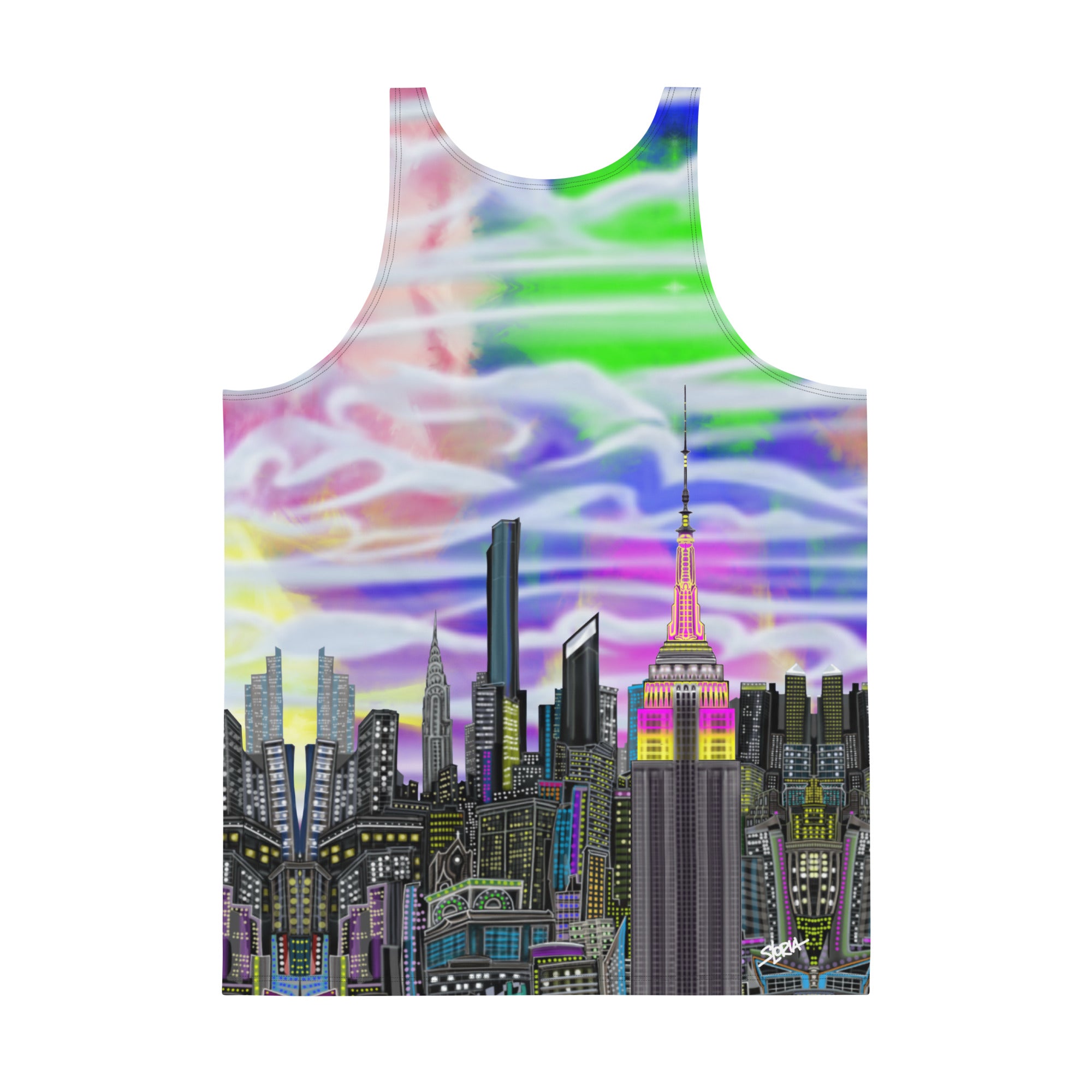 Back of Tank top with a colorful Loria NYC Art cityscape design on a white background