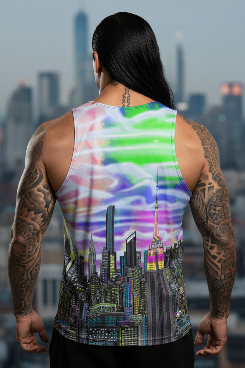 Back of man wearing a tank top with a colorful cityscape Loria NYC Art design, standing in front of a  skyline.