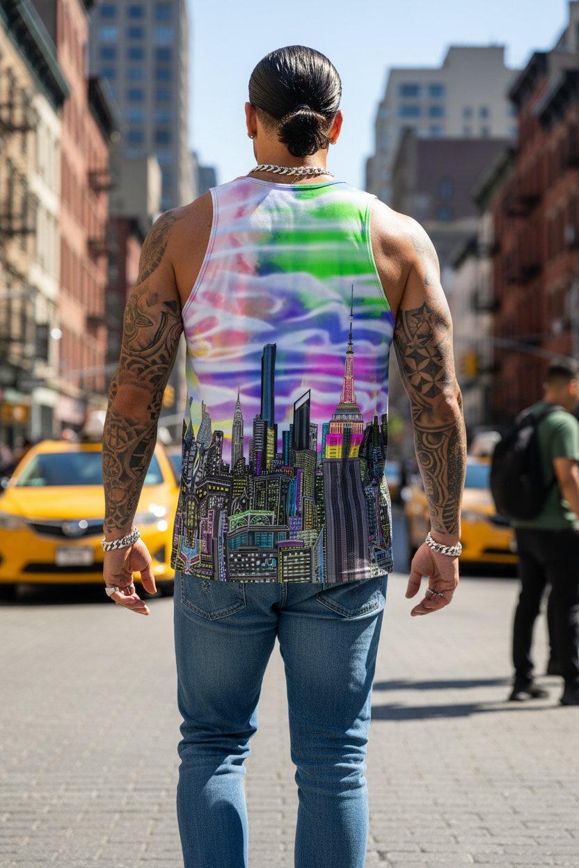 Person wearing a sleeveless, multicolored graphic Loria NYC Art shirt walking on a city street.