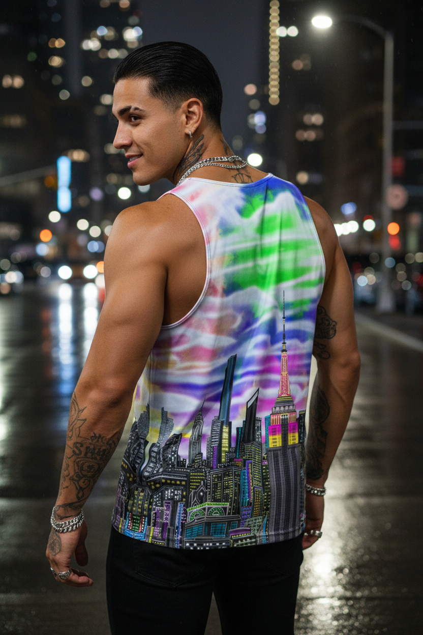 Colorful tank top with Loria NYC Art design on a man in city streets 