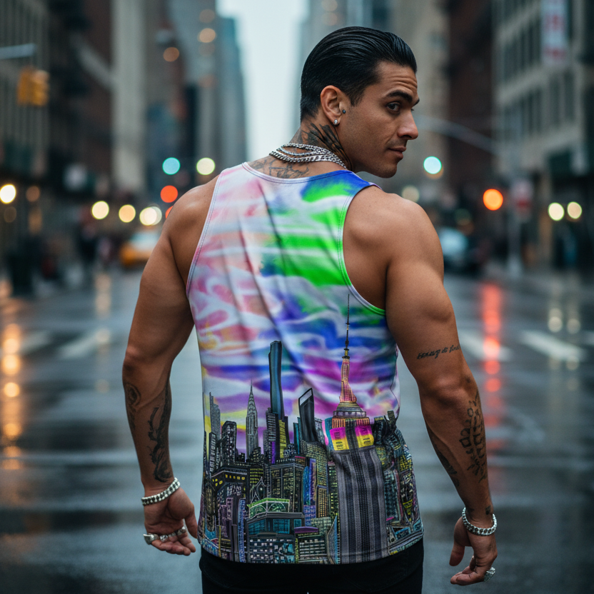 Man wearing a Colorful tank top with Loria NYC Art design in city streets 