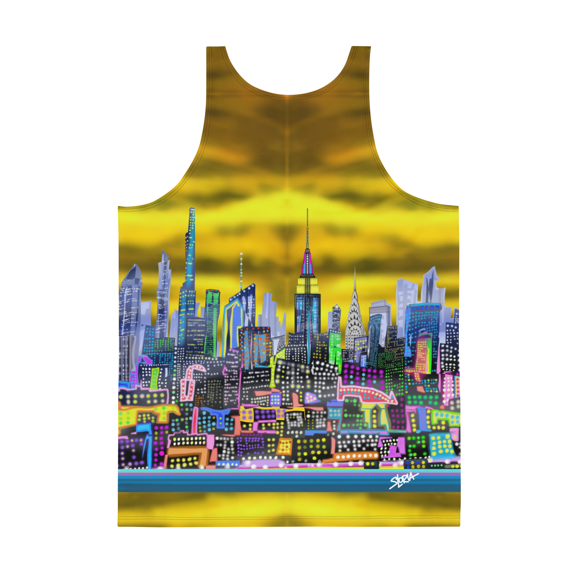 Tank top with a colorful Loria NYC Art cityscape design on a yellow background