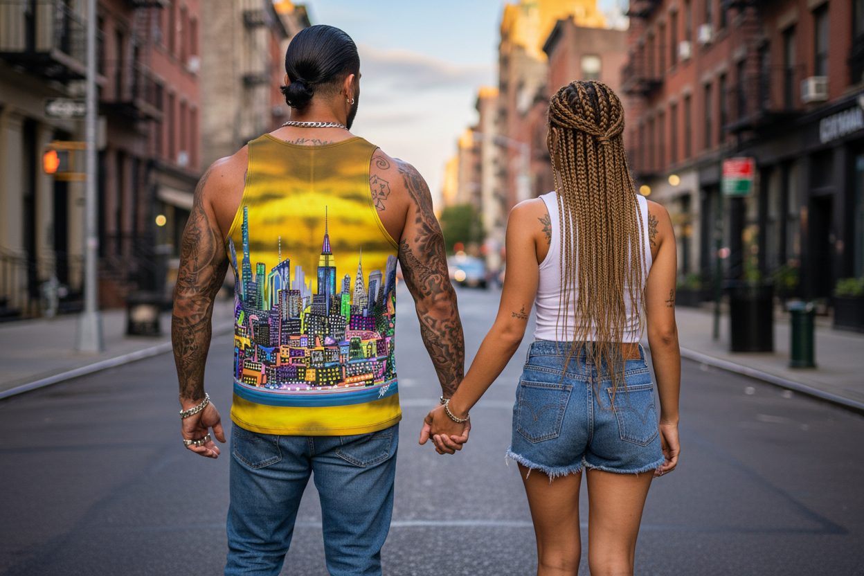 Two people holding hands on a city street with a colorful cityscape Loria NYC Art tank top.
