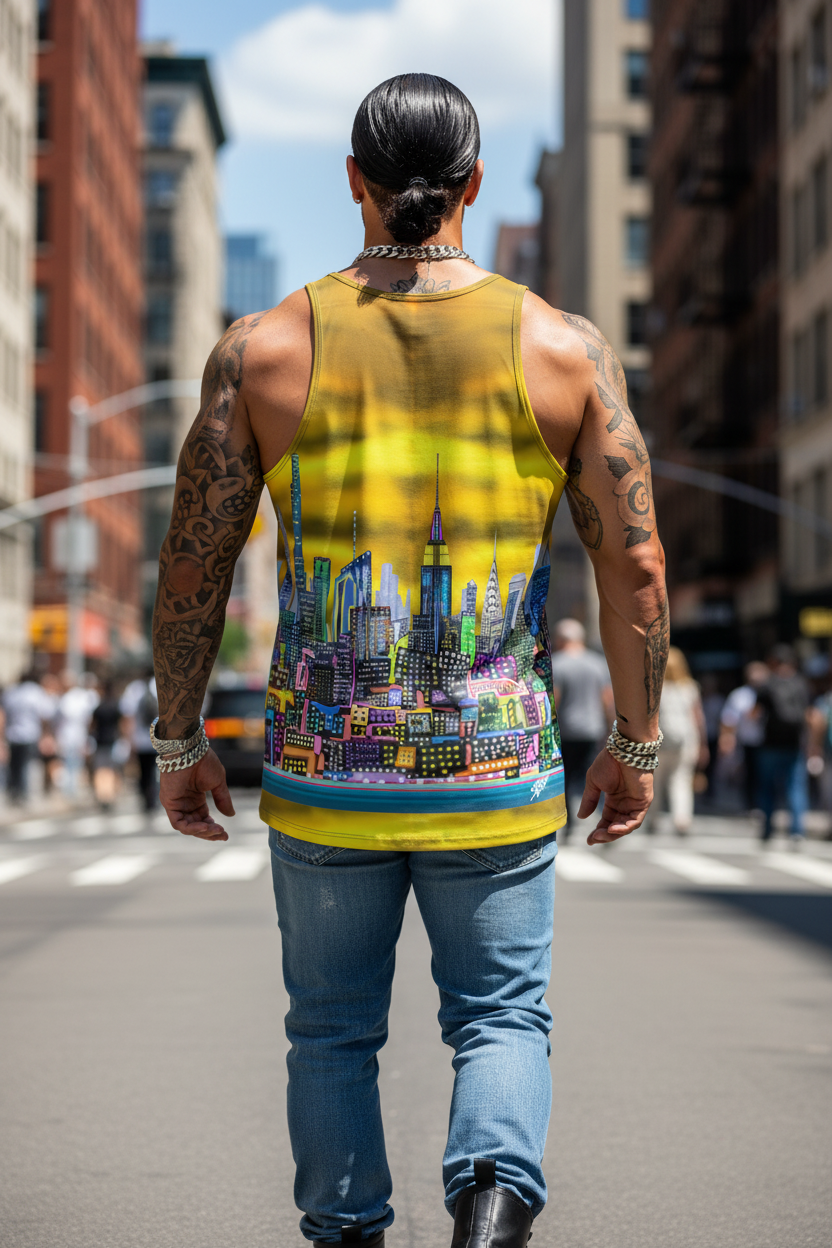 Person wearing a colorful Loria NYC Art tank top walking on a city street