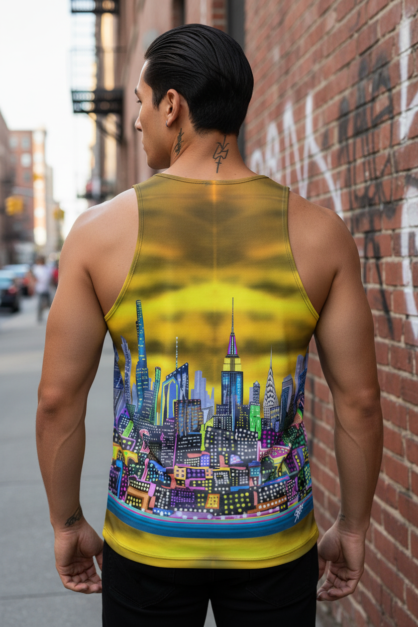Person wearing a tank top with a colorful cityscape Loria NYC Art design, standing against a brick wall.