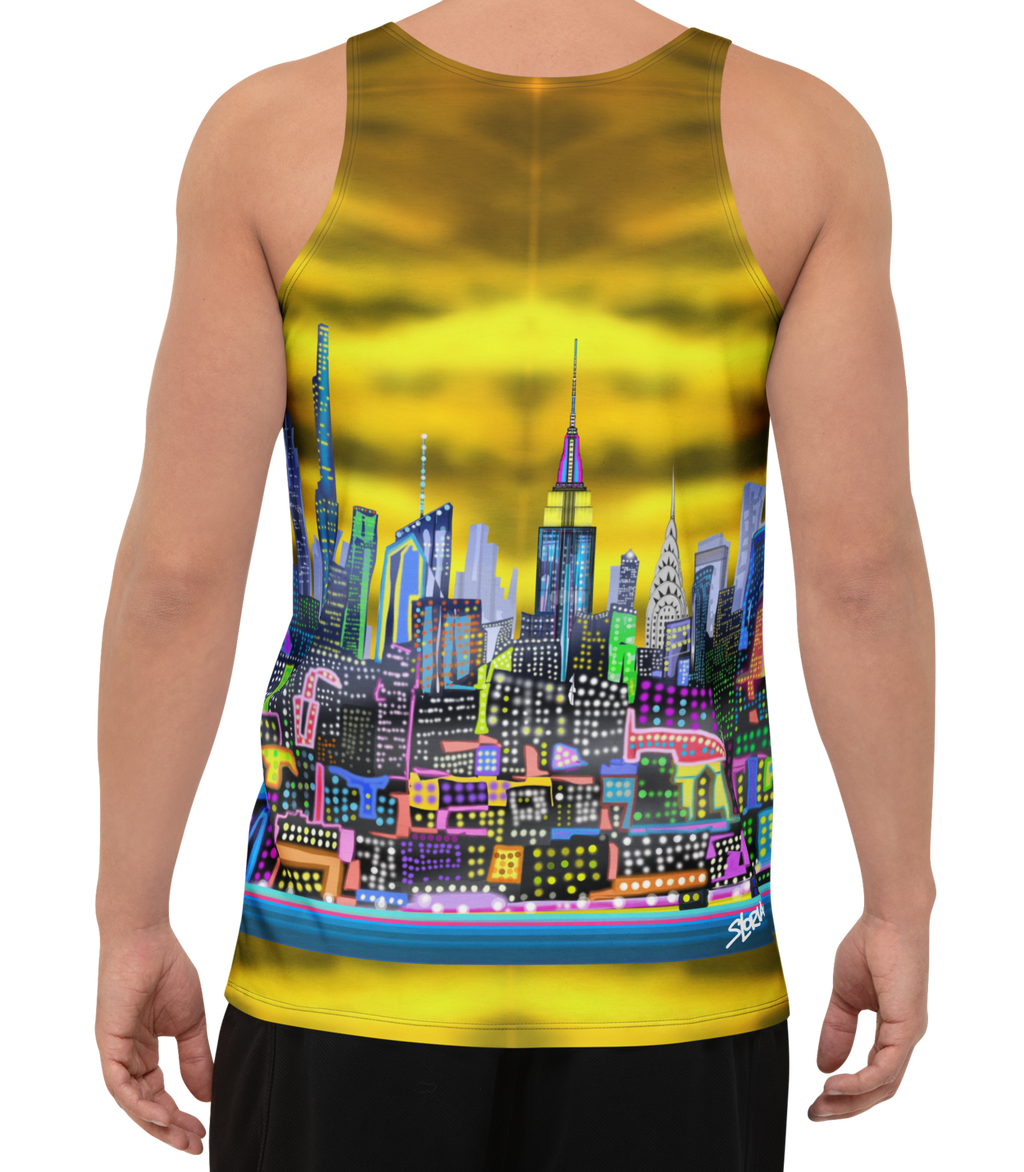 Person wearing a tank top with a colorful cityscape Loria NYC Art design on a white background