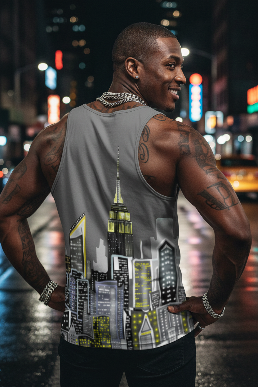 Man posing in  a tank top with a cityscape design in an urban night setting