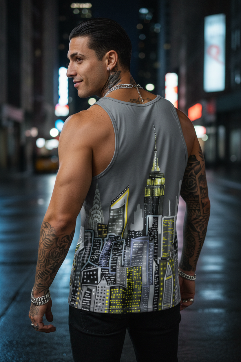 Person in urban setting wearing a tank top with a cityscape Loria NYC Art design 