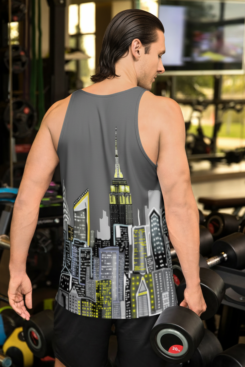 Man in a gym wearing a Loria NYC Art tank top with a cityscape design, holding dumbbells.