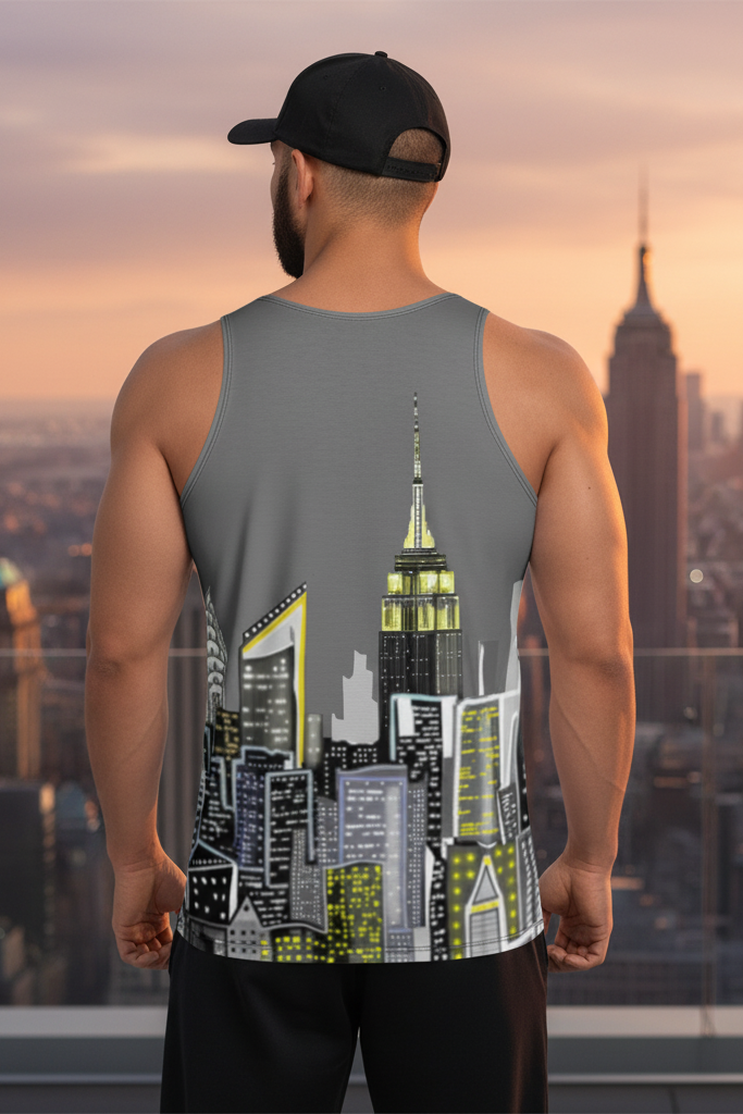 Man wearing a tank top with a cityscape Loria NYC Art design on a skyline background