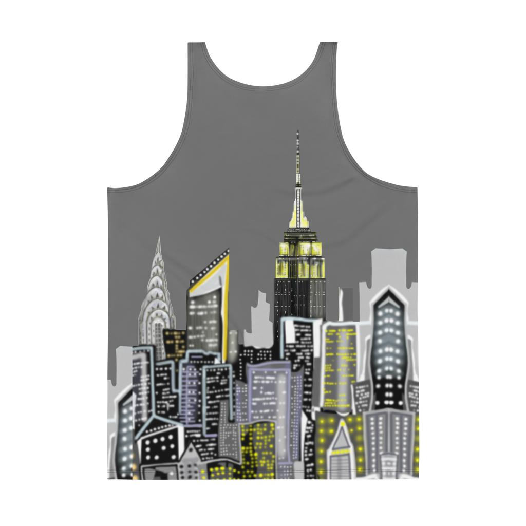 Tank top with cityscape Loria NYC Art design featuring iconic buildings on a gray background