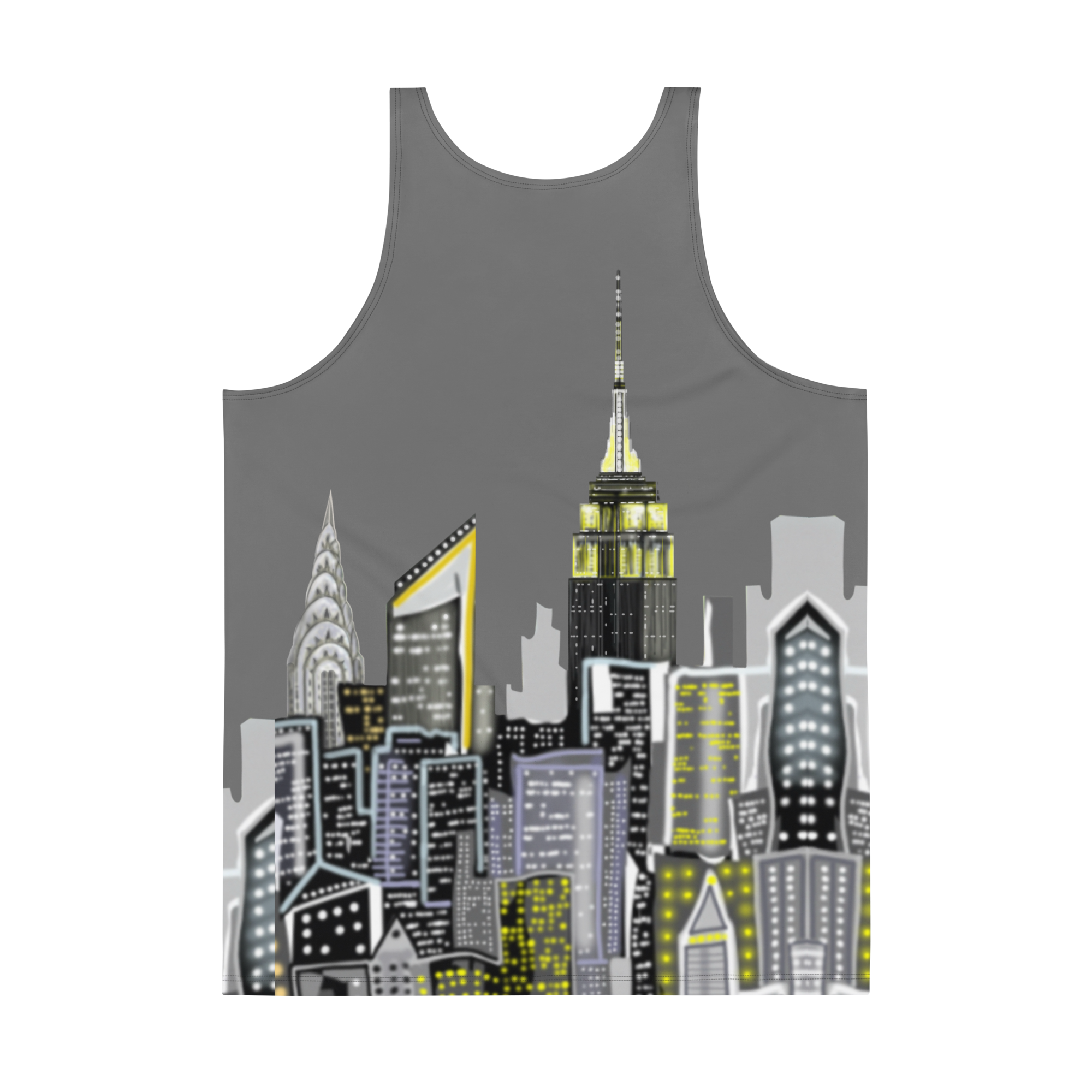 Tank top with cityscape Loria NYC Art design featuring iconic buildings on a gray background