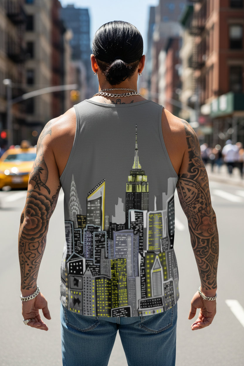 Person wearing a tank top with a cityscape Loria NYC Art design on a city street.