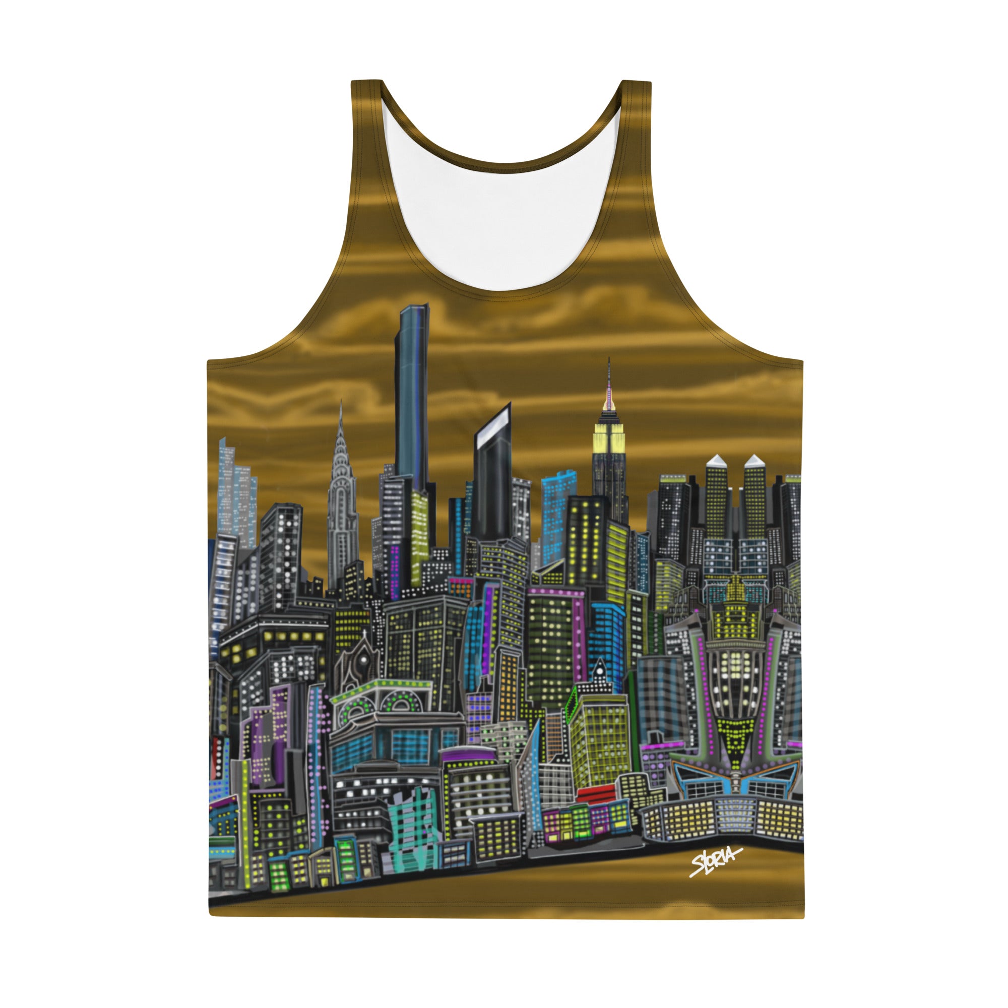 Tank top with a Loria NYC skyline cityscape design on a white background