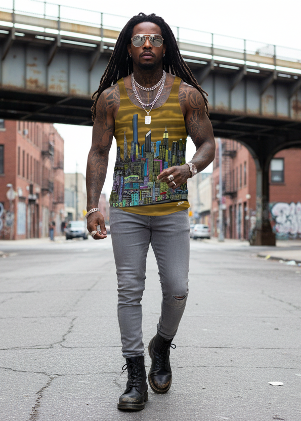 Man wearing Loria NYC Art designed tank top walking on an urban street with graffiti and a bridge in the background