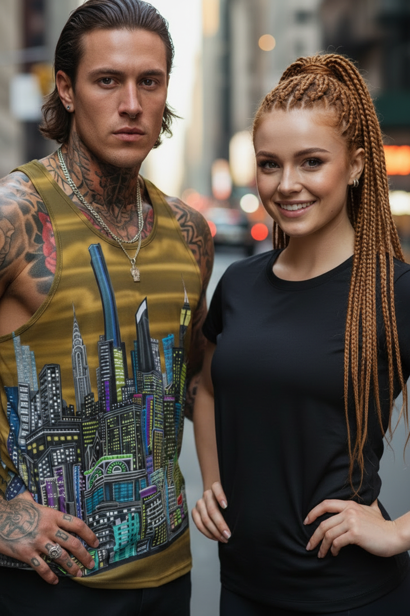 Two people standing on a city street, one wearing a colorful sleeveless Loria NYC Art shirt with a cityscape design, the other in a black shirt.