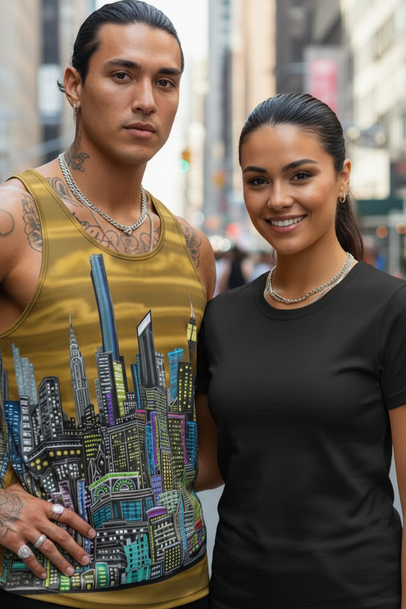 Two people standing together in an urban setting, one wearing a Loria NYC Art tank top with a cityscape design.