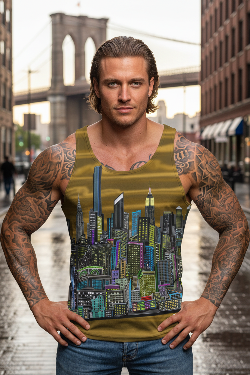 Man wearing a brown Loria NYC Art shirt with a  cityscape design and bridge in background