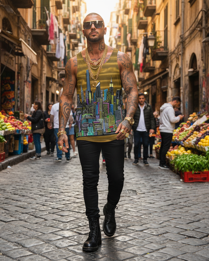 Man walking down a street in an urban setting with colorful Loria NYC Art cityscape tank top