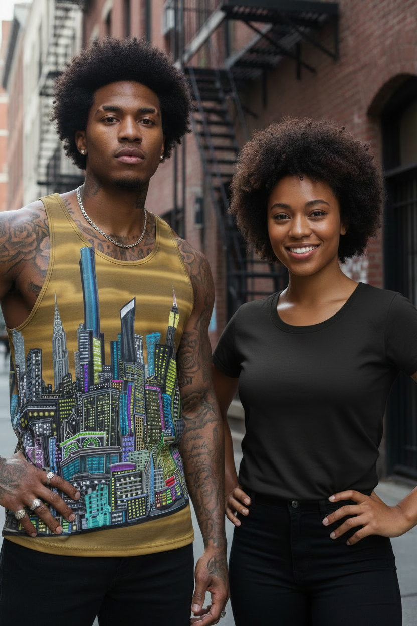 Two people standing in an urban setting with one wearing a Loria NYC Art tank top with a cityscape design.