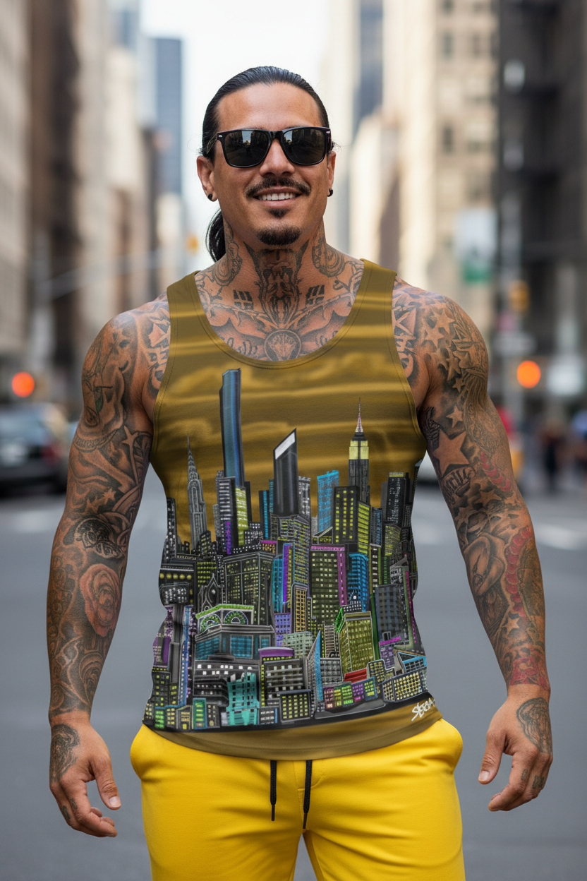 Man wearing a sleeveless Loria NYC Art shirt with a cityscape design on a city street.