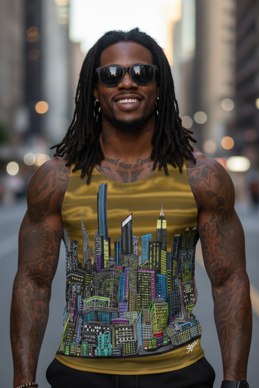 Man wearing a sleeveless shirt with a cityscape Loria NYC Art design on a city street.