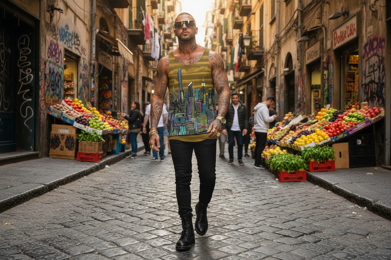 Man wearing Loria NYC Art designed shirt walking down a street with market stalls on either side