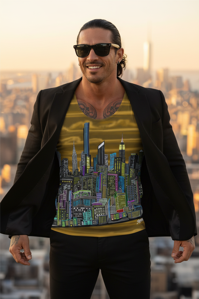 Man wearing a black blazer and colorful cityscape Loria NYC Art shirt with a city skyline in the background