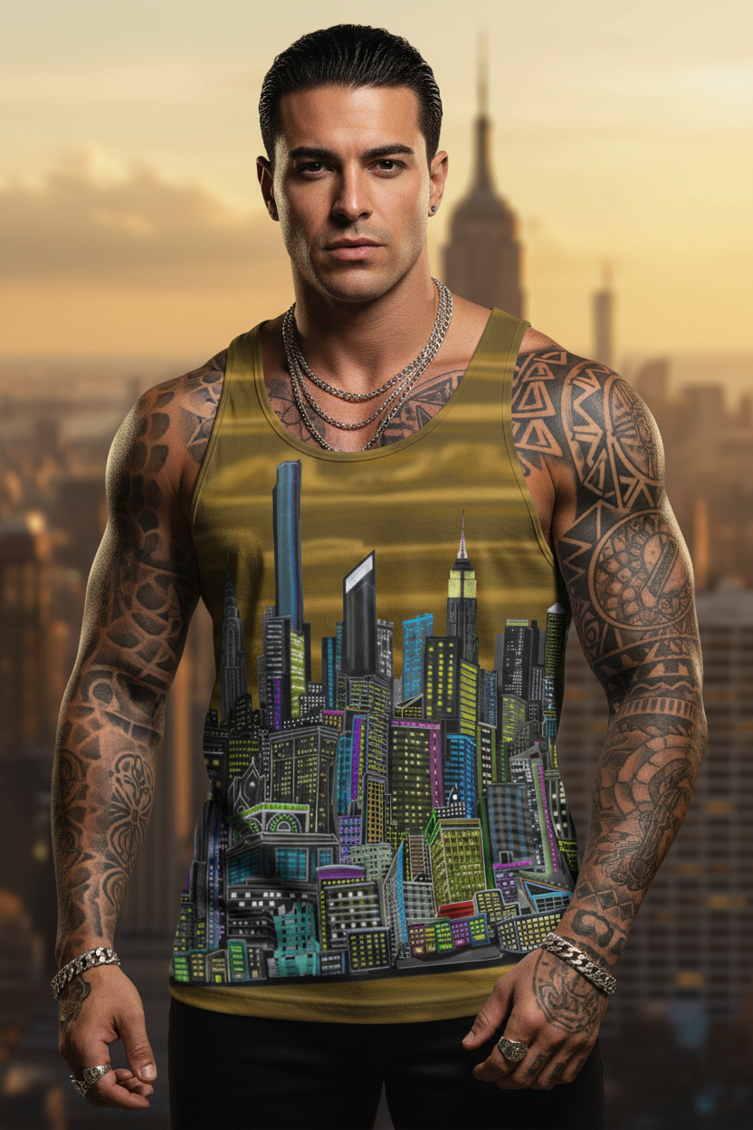 Man wearing a tank top with a cityscape Loria NYC Art design against an urban skyline background