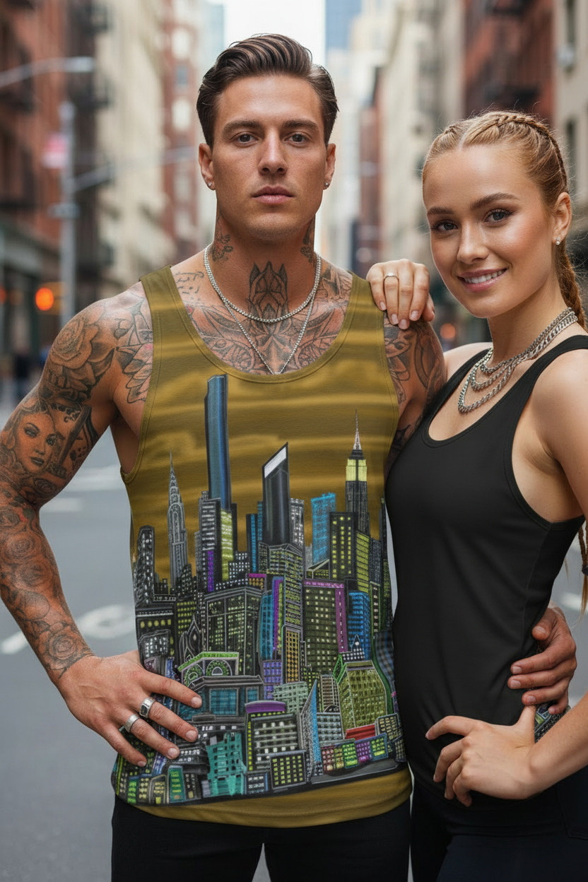 Man wearing a Loria NYC Art tank top with a cityscape design standing next to a woman on a city street.