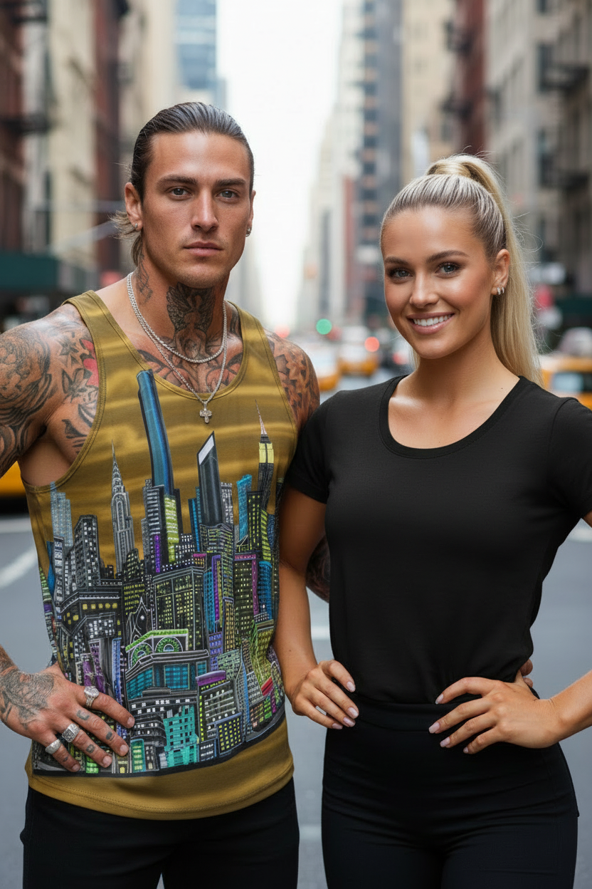 Man wearing a Loria NYC Art shirt standing on a city street with a colorful cityscape tank top.