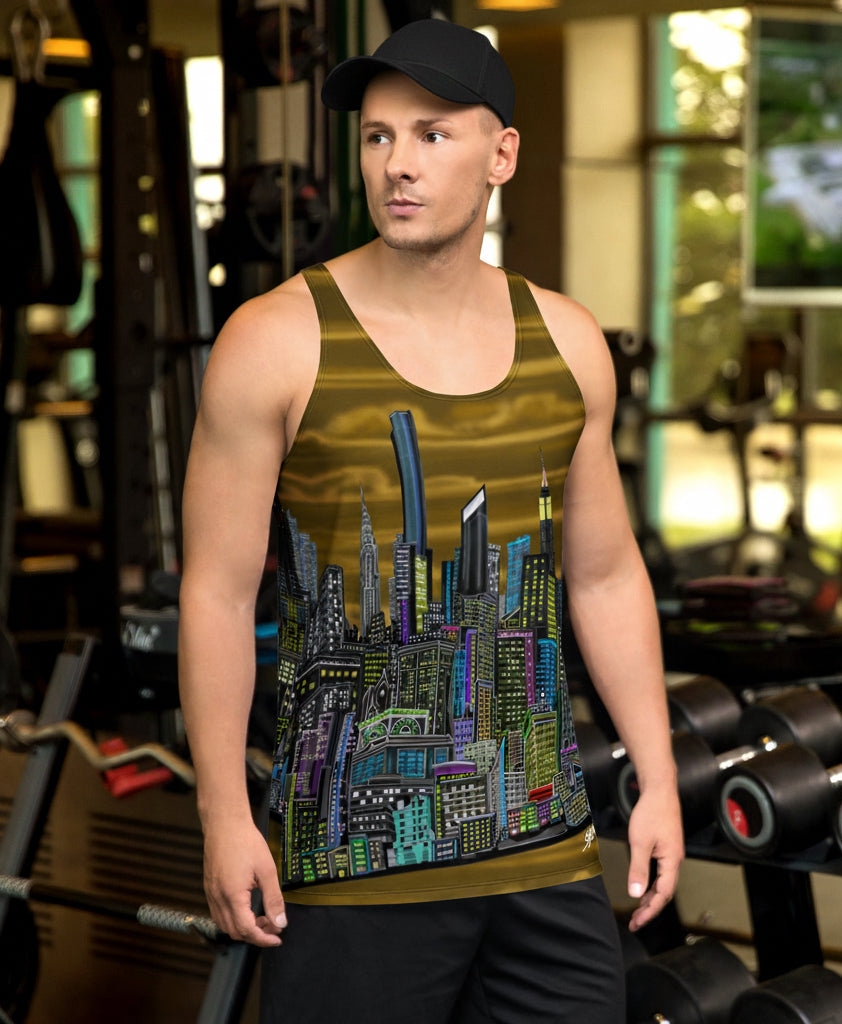 Man wearing a Tank top with a Loria NYC skyline cityscape design in gym