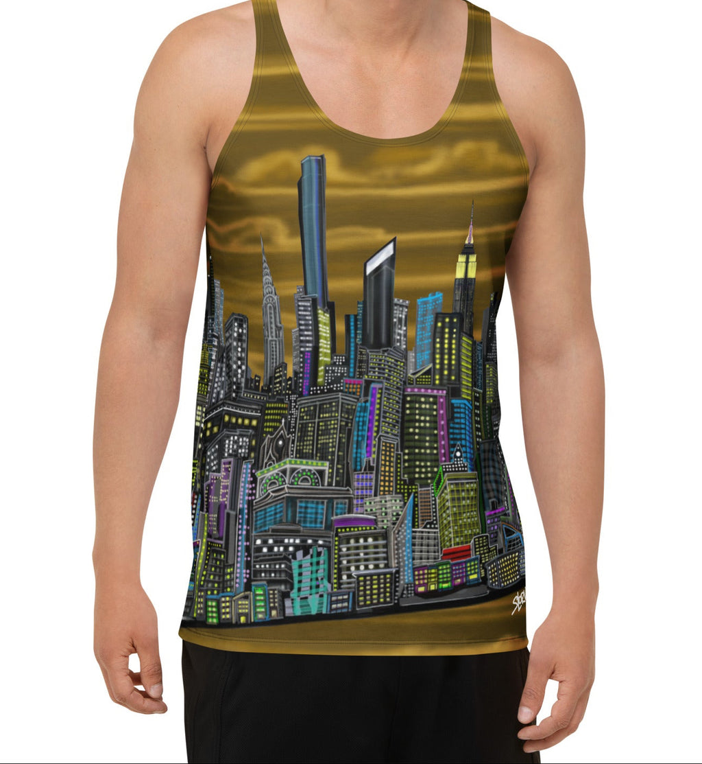 Man wearing a Tank top with a Loria NYC skyline cityscape design on a white background