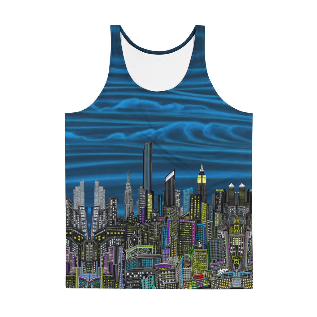 Tank top with a Loria NYC Art cityscape design on a white background